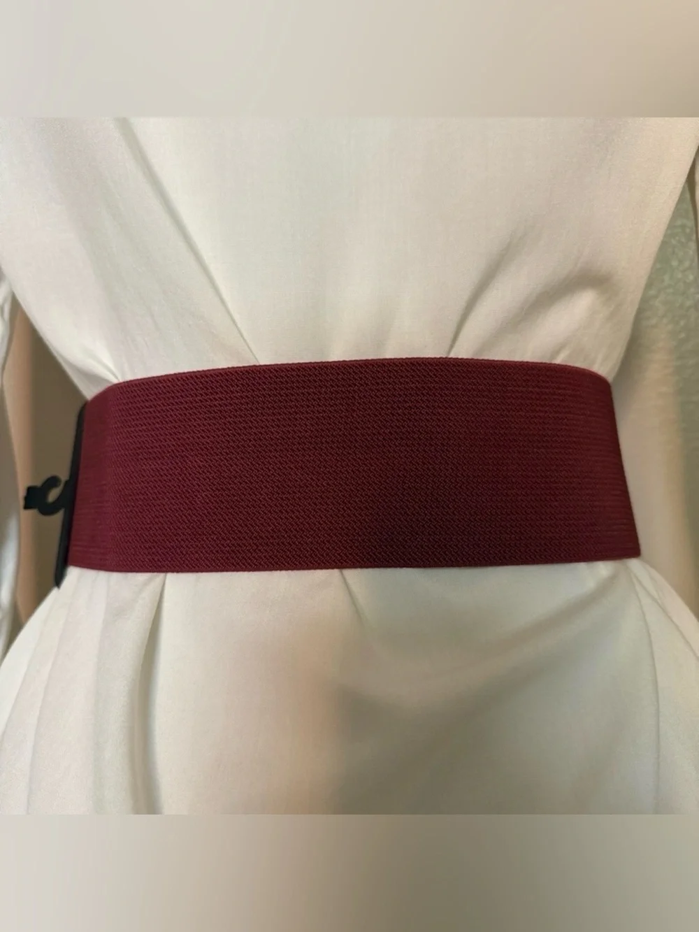 Burgundy PU leather circle buckle rhinestone details elastic waistband belt